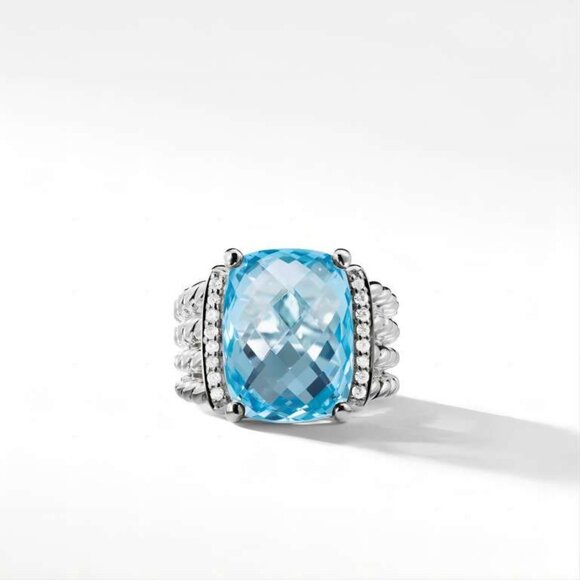 Wheaton? Ring in Sterling Silver with Blue Topaz and Pavé Diamonds Size 8 - Picture 1 of 9